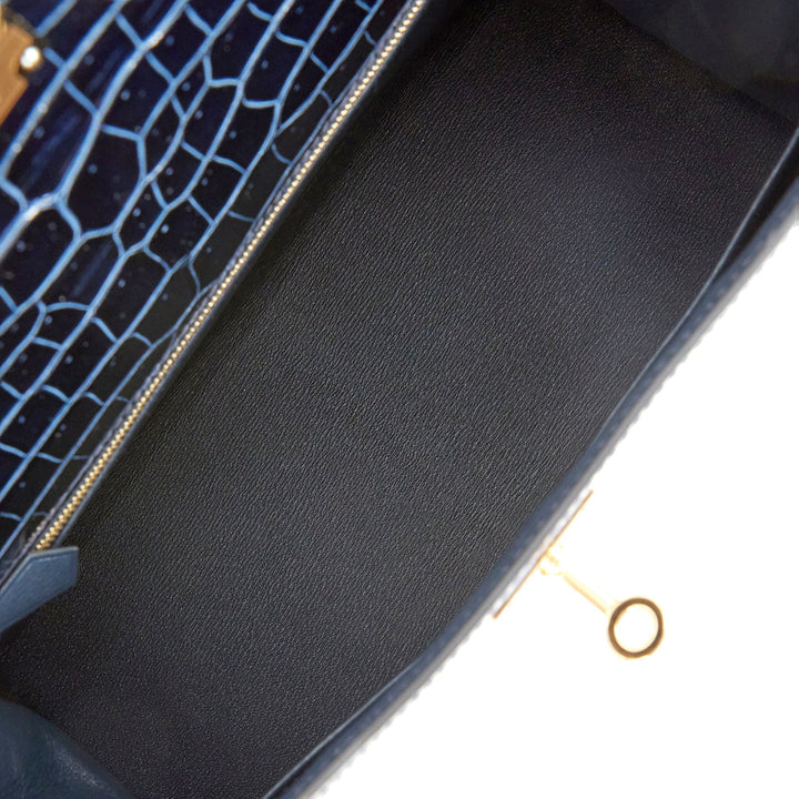 Hermes Kelly 28 Sellier Bleu Baltique Shiny Porosus Crocodile Gold Hardware