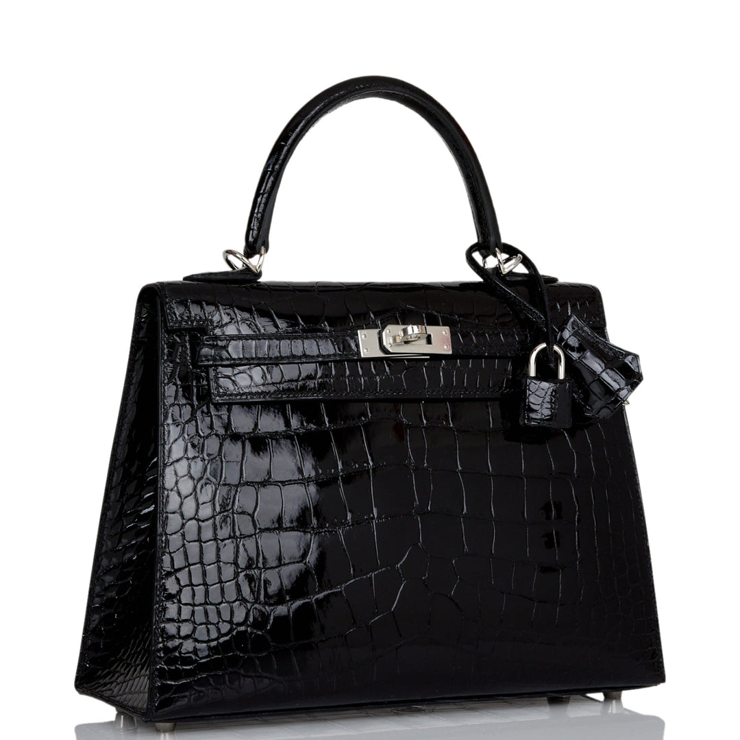 Hermes Kelly 25 Sellier Black Shiny Alligator Palladium Hardware