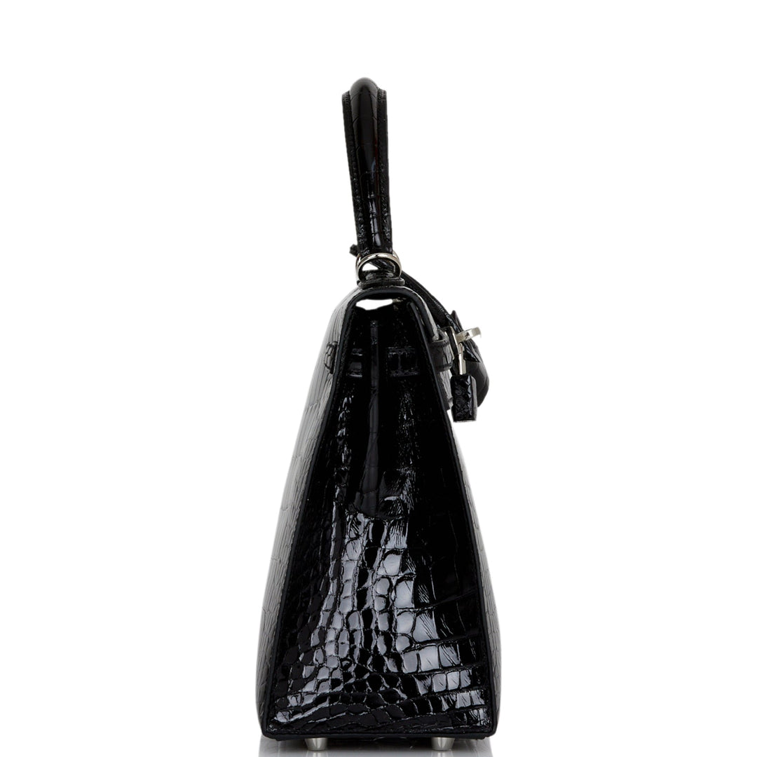 Hermes Kelly 25 Sellier Black Shiny Alligator Palladium Hardware