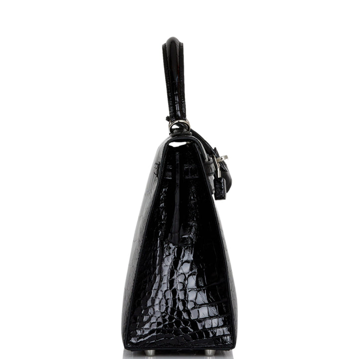 Hermes Kelly 25 Sellier Black Shiny Alligator Palladium Hardware