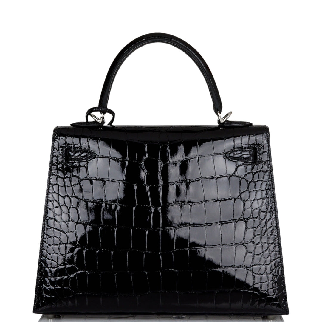 Hermes Kelly 25 Sellier Black Shiny Alligator Palladium Hardware
