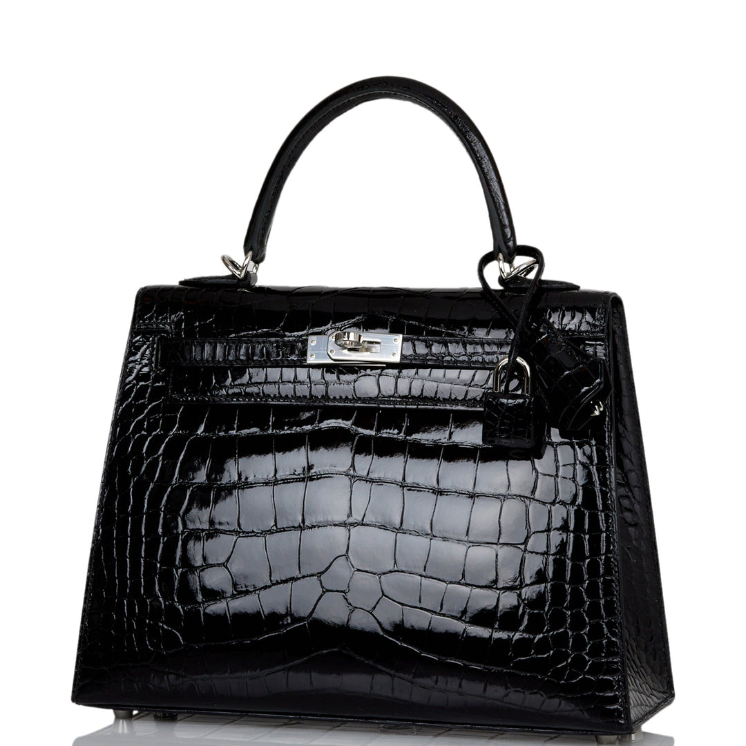 Hermes Kelly 25 Sellier Black Shiny Alligator Palladium Hardware