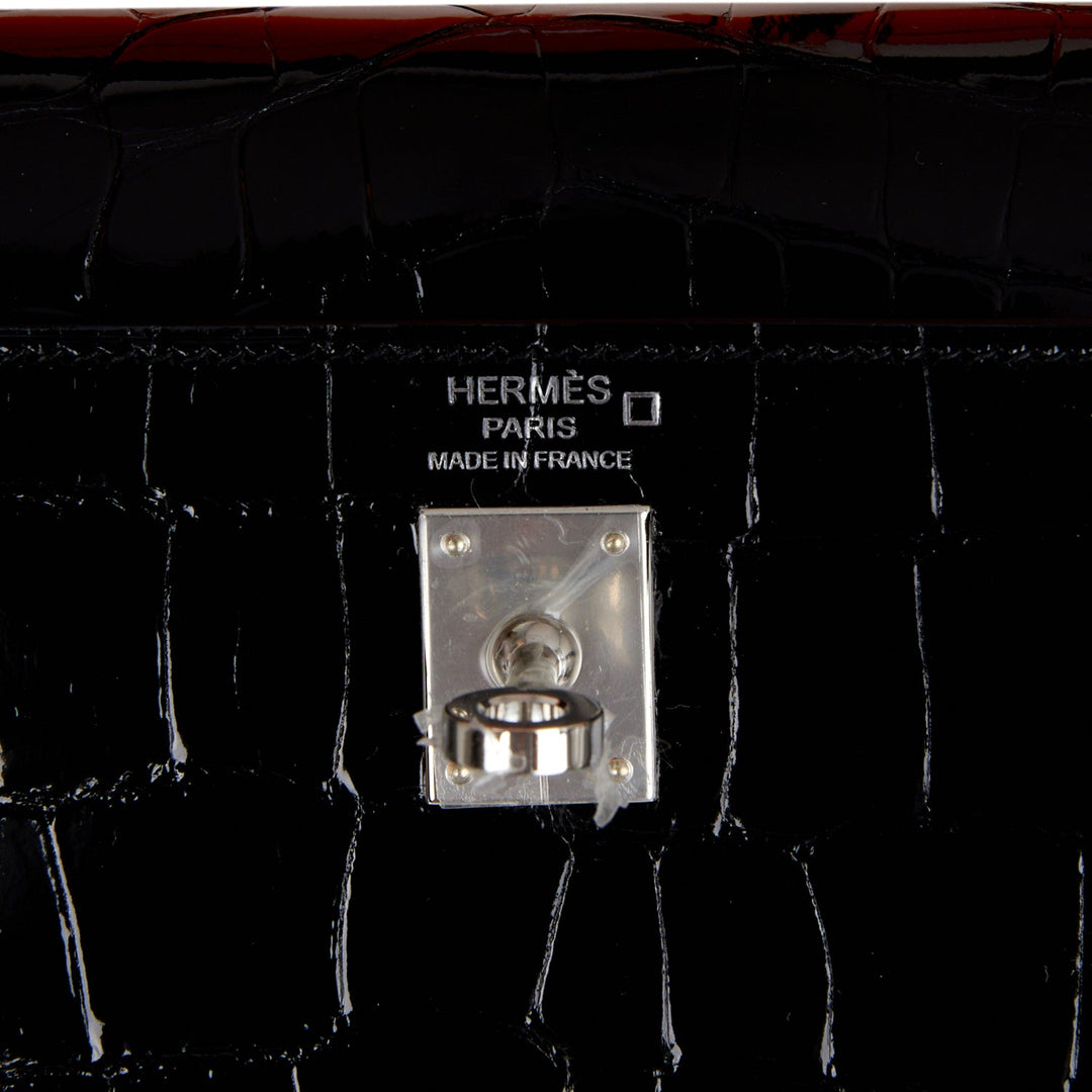 Hermes Kelly 25 Sellier Black Shiny Alligator Palladium Hardware