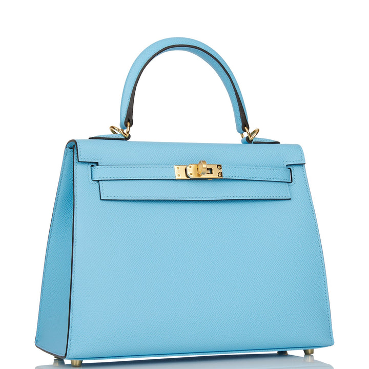Hermes Kelly 25 Sellier Celeste Epsom Gold Hardware