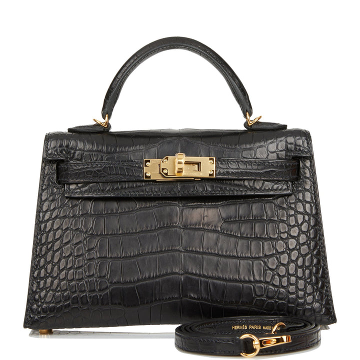 Hermes Kelly 20 Sellier Black Matte Alligator Gold Hardware