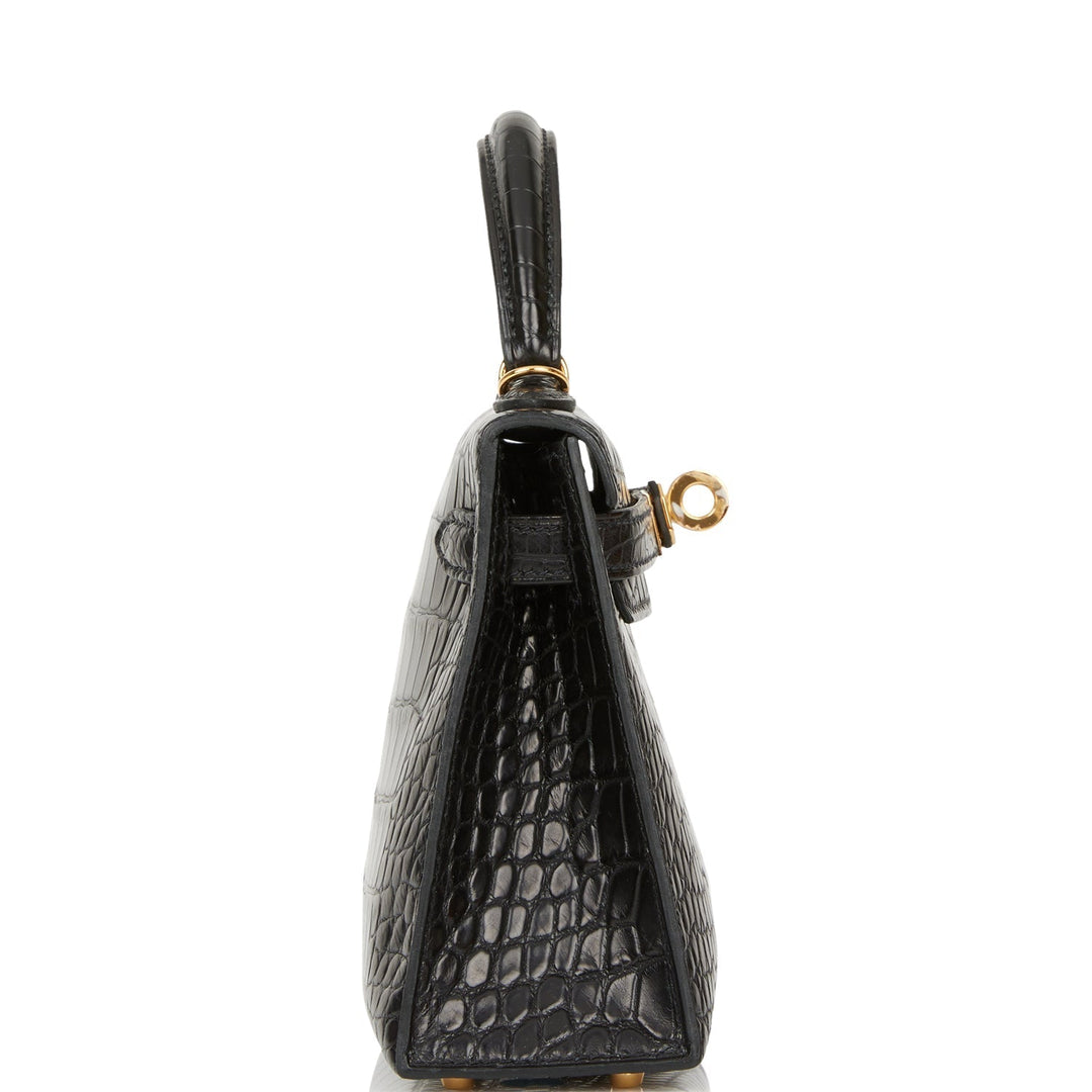 Hermes Kelly 20 Sellier Black Matte Alligator Gold Hardware