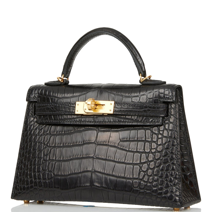 Hermes Kelly 20 Sellier Black Matte Alligator Gold Hardware