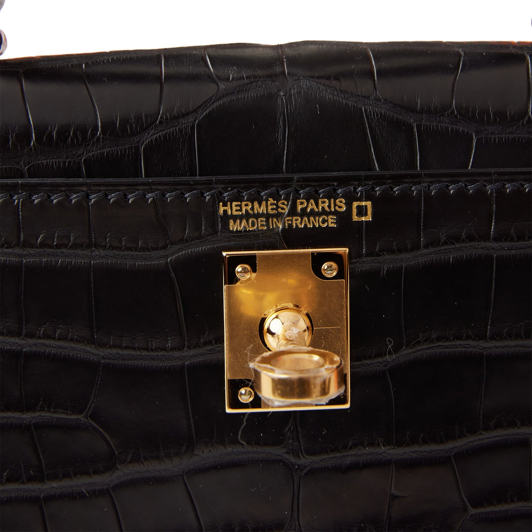 Hermes Kelly 20 Sellier Black Matte Alligator Gold Hardware