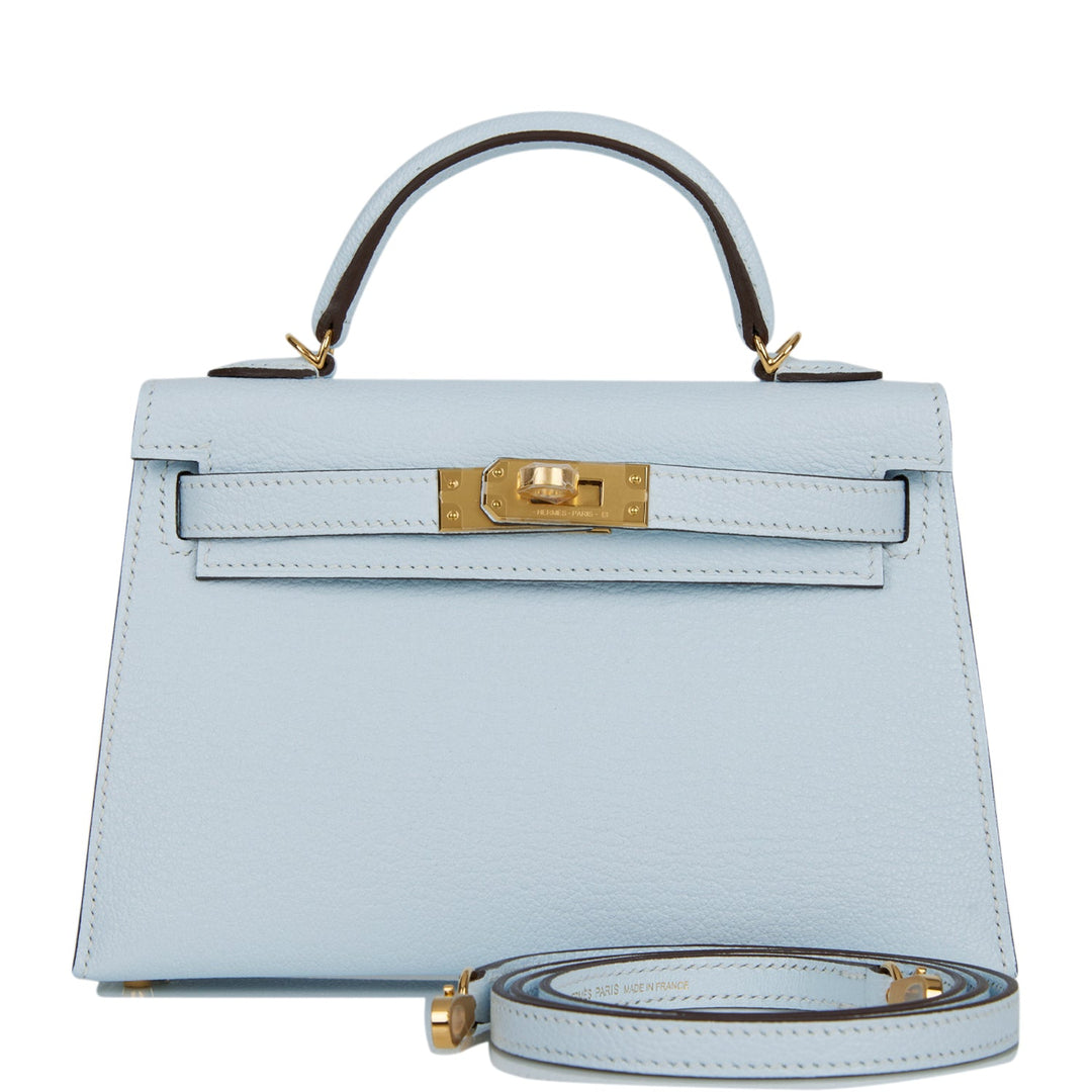 Hermes Kelly 20 Sellier Bleu Brume Chevre Gold Hardware