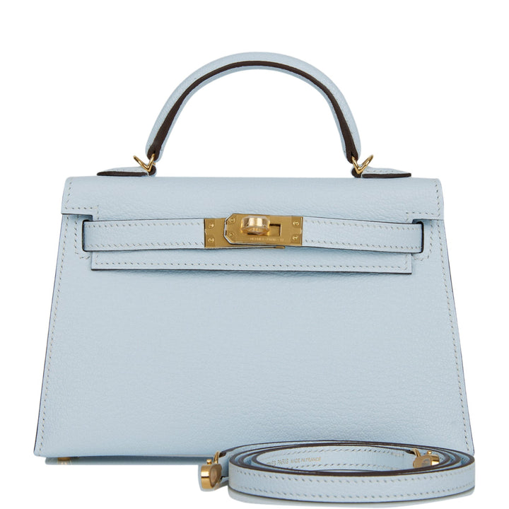 Hermes Kelly 20 Sellier Bleu Brume Chevre Gold Hardware