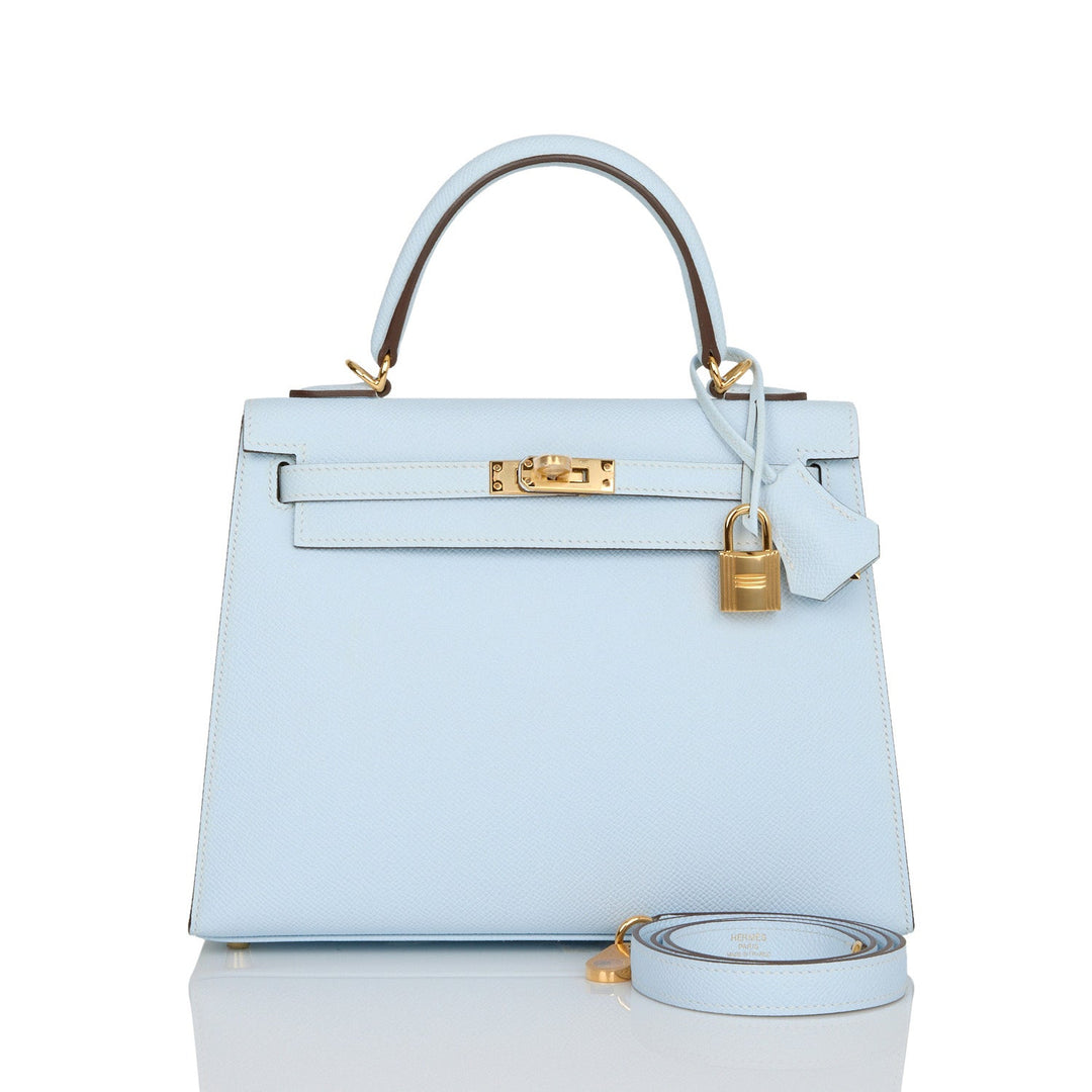 Hermes Kelly 25 Sellier Bleu Brume Epsom Gold Hardware