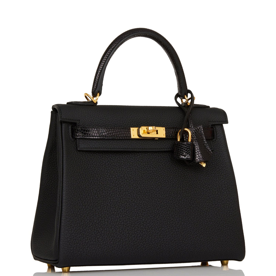 Hermes Kelly 25 Retourne Black Togo and Lizard Touch Gold Hardware