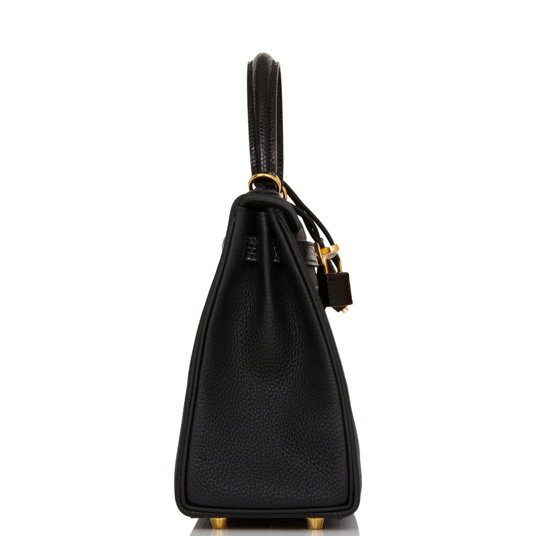 Hermes Kelly 25 Retourne Black Togo and Lizard Touch Gold Hardware
