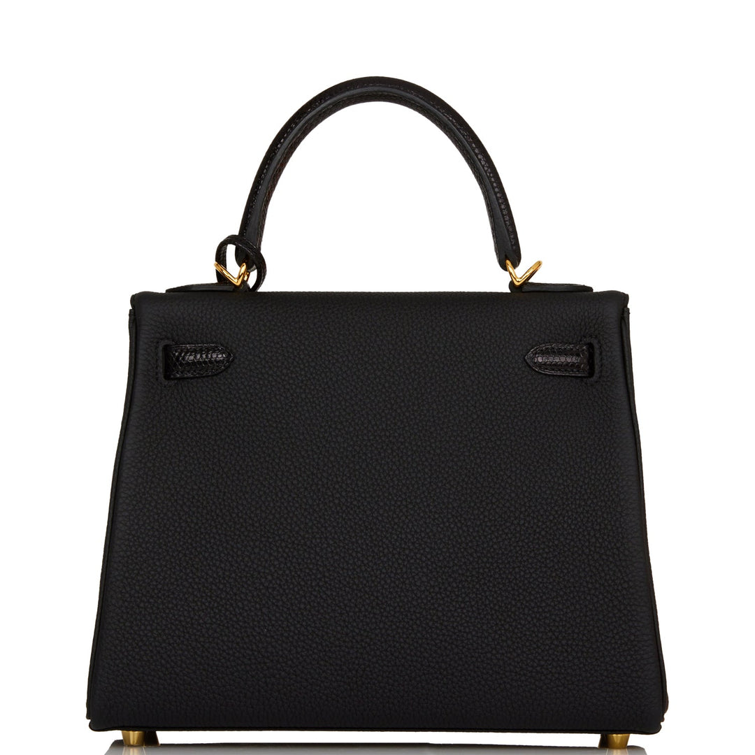 Hermes Kelly 25 Retourne Black Togo and Lizard Touch Gold Hardware