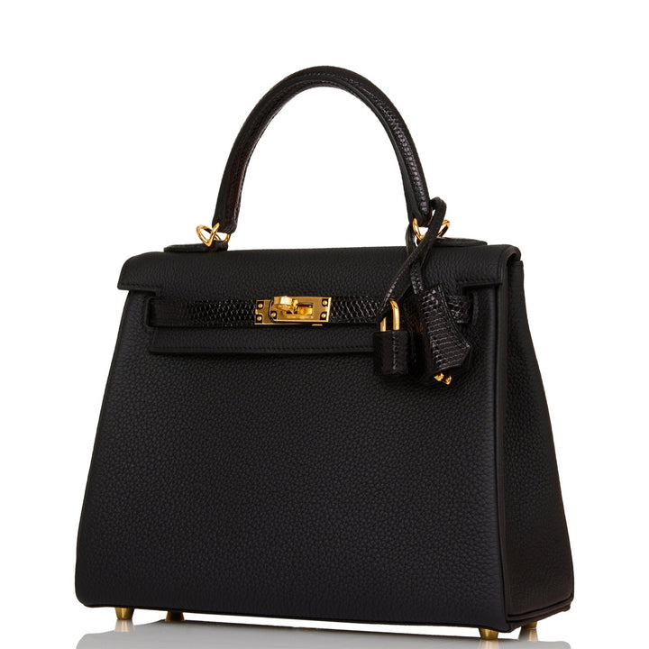 Hermes Kelly 25 Retourne Black Togo and Lizard Touch Gold Hardware
