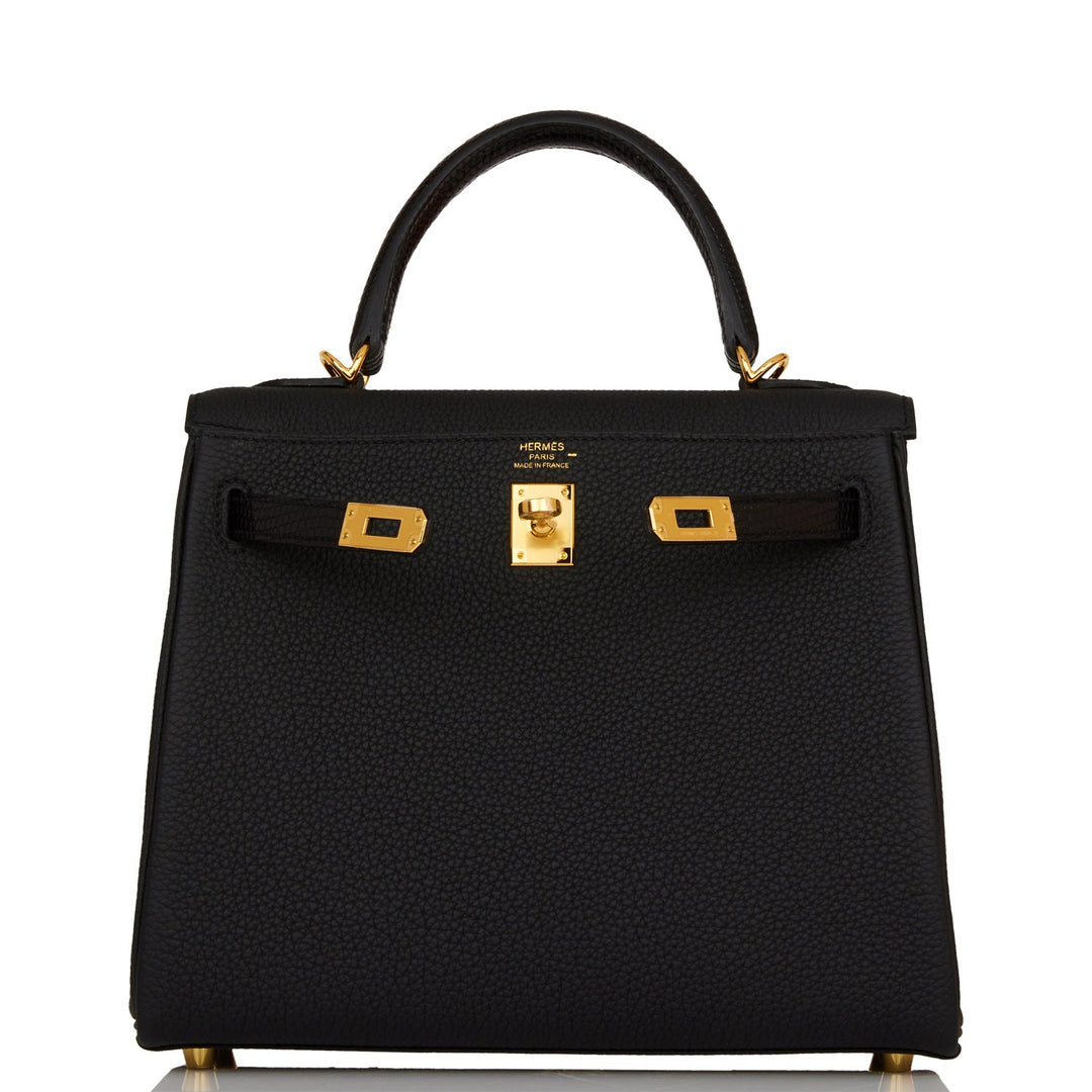 Hermes Kelly 25 Retourne Black Togo and Lizard Touch Gold Hardware