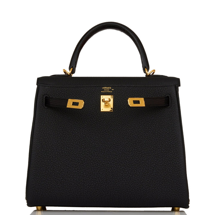 Hermes Kelly 25 Retourne Black Togo and Lizard Touch Gold Hardware