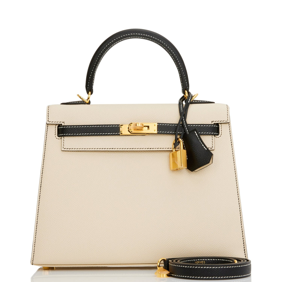 Top quality Hermes Special Order (HSS) Kelly Sellier 25 Nata and Black Epsom Gold Hardware