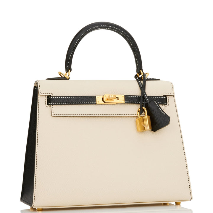 Top quality Hermes Special Order (HSS) Kelly Sellier 25 Nata and Black Epsom Gold Hardware