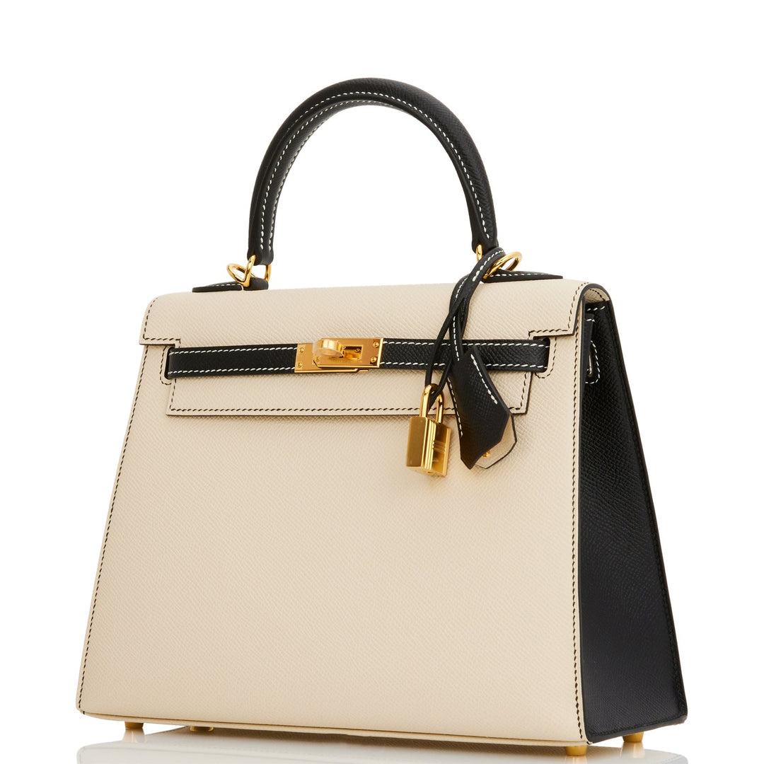 Top quality Hermes Special Order (HSS) Kelly Sellier 25 Nata and Black Epsom Gold Hardware