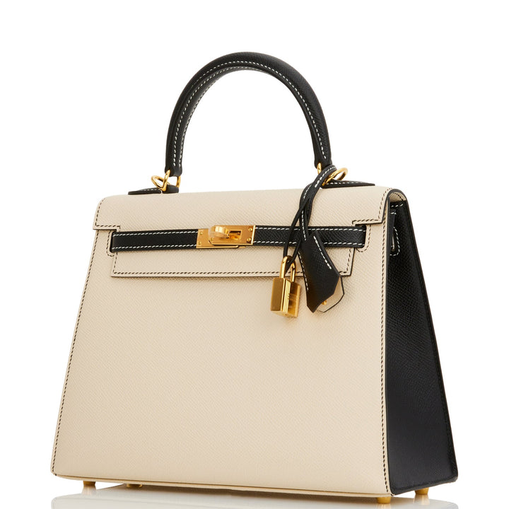 Top quality Hermes Special Order (HSS) Kelly Sellier 25 Nata and Black Epsom Gold Hardware