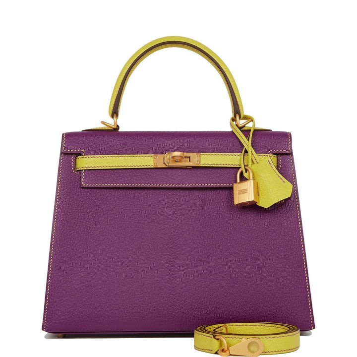Top quality Hermes Special Order (HSS) Kelly Sellier 25 Anemone and Lime Chevre Brushed Gold Hardware