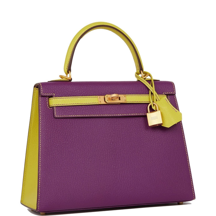 Top quality Hermes Special Order (HSS) Kelly Sellier 25 Anemone and Lime Chevre Brushed Gold Hardware