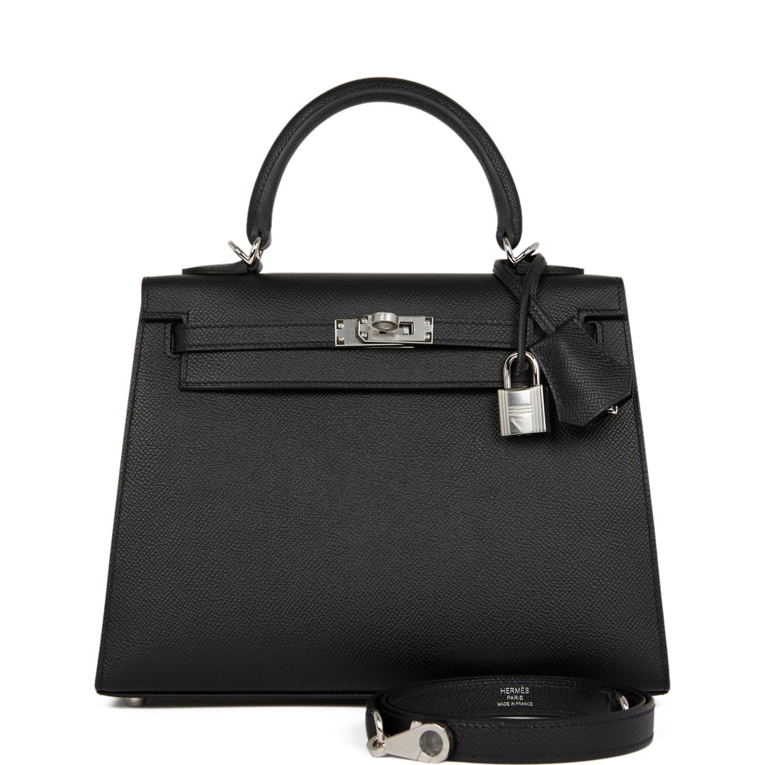 Hermes Kelly 25 Sellier Black Epsom Palladium Hardware