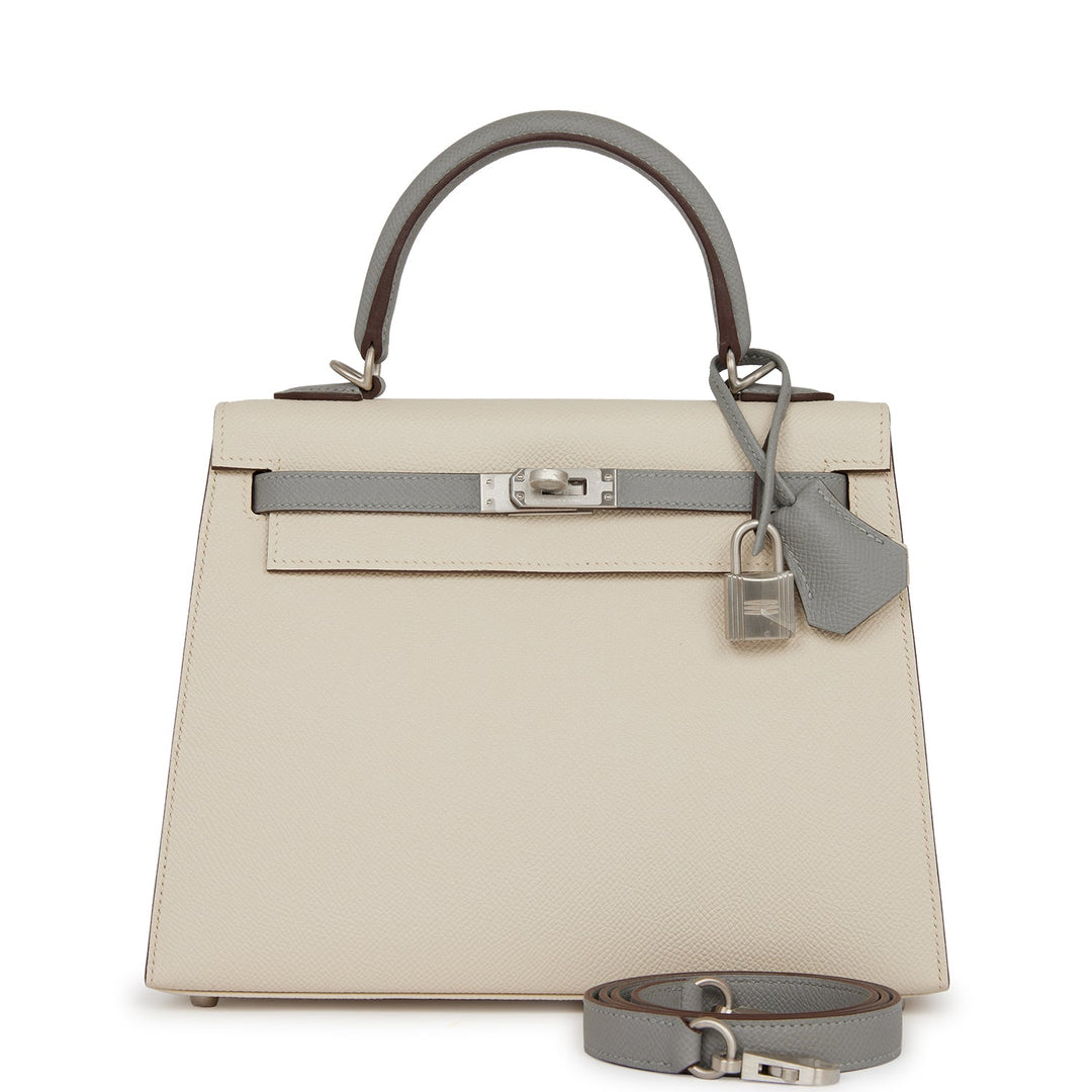 Top quality Hermes Special Order (HSS) Kelly Sellier 25 Craie and Gris Mouette Epsom Brushed Palladium Hardware
