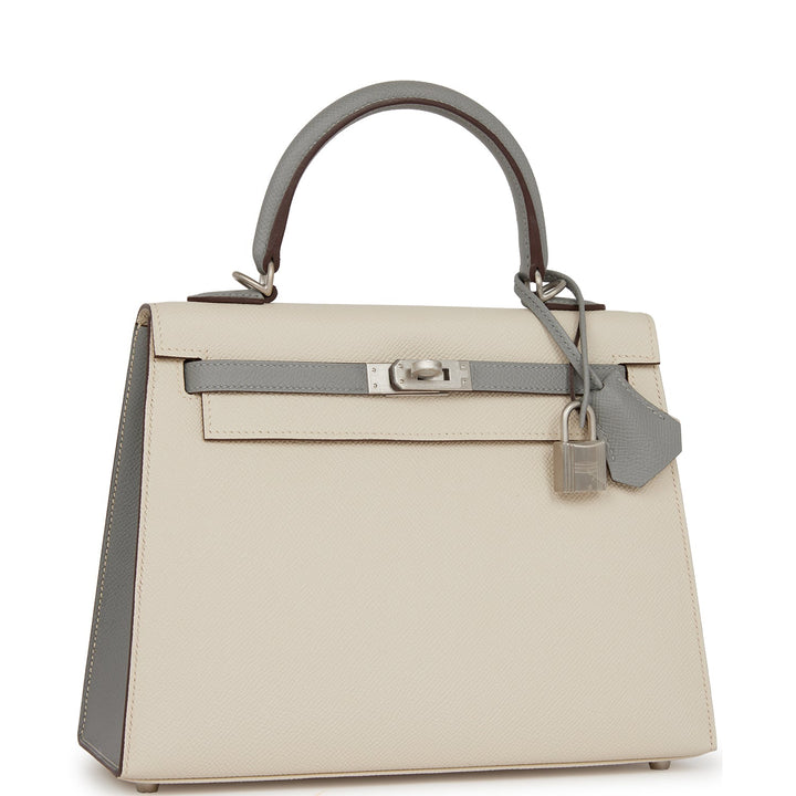 Top quality Hermes Special Order (HSS) Kelly Sellier 25 Craie and Gris Mouette Epsom Brushed Palladium Hardware