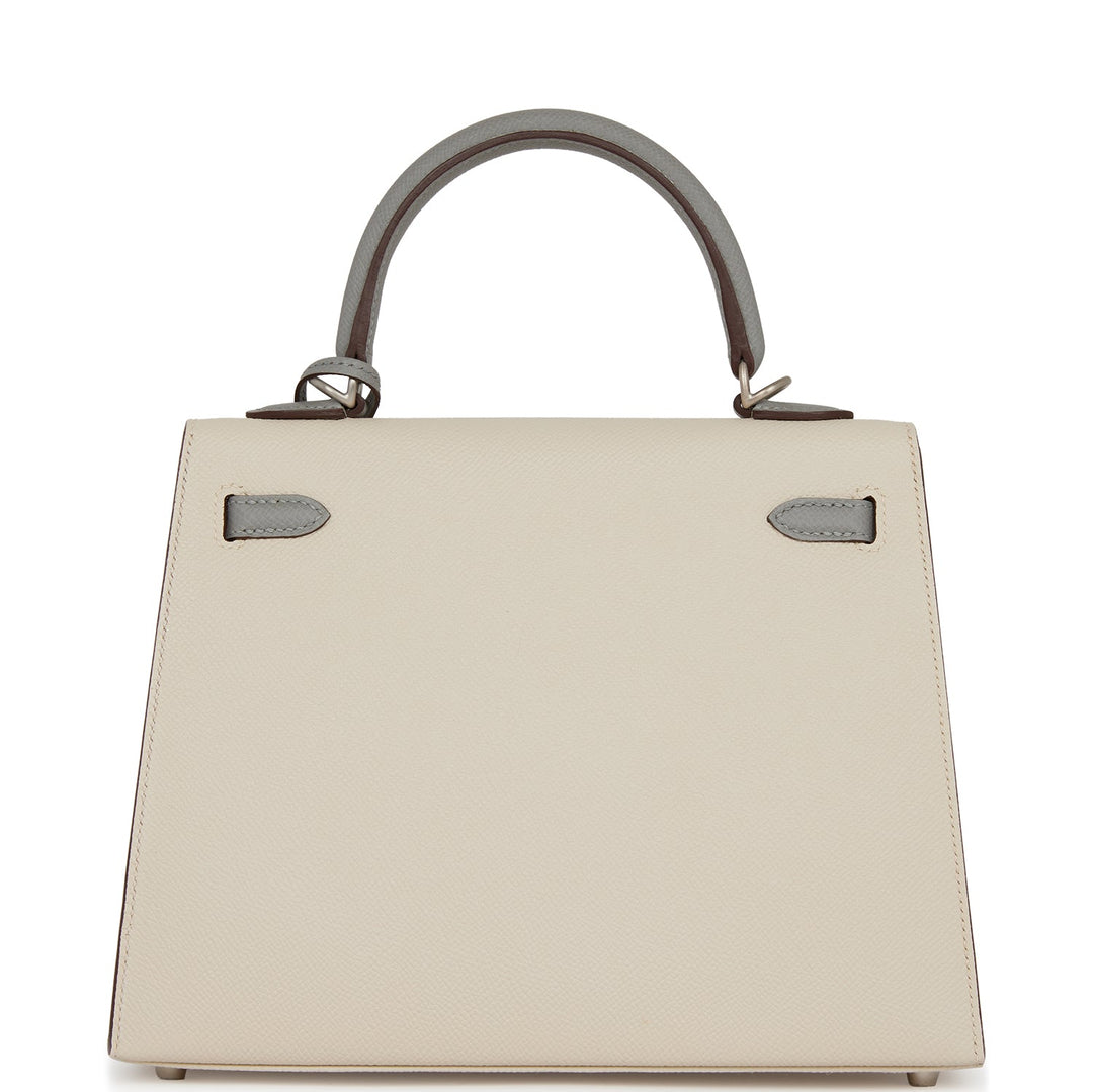 Top quality Hermes Special Order (HSS) Kelly Sellier 25 Craie and Gris Mouette Epsom Brushed Palladium Hardware
