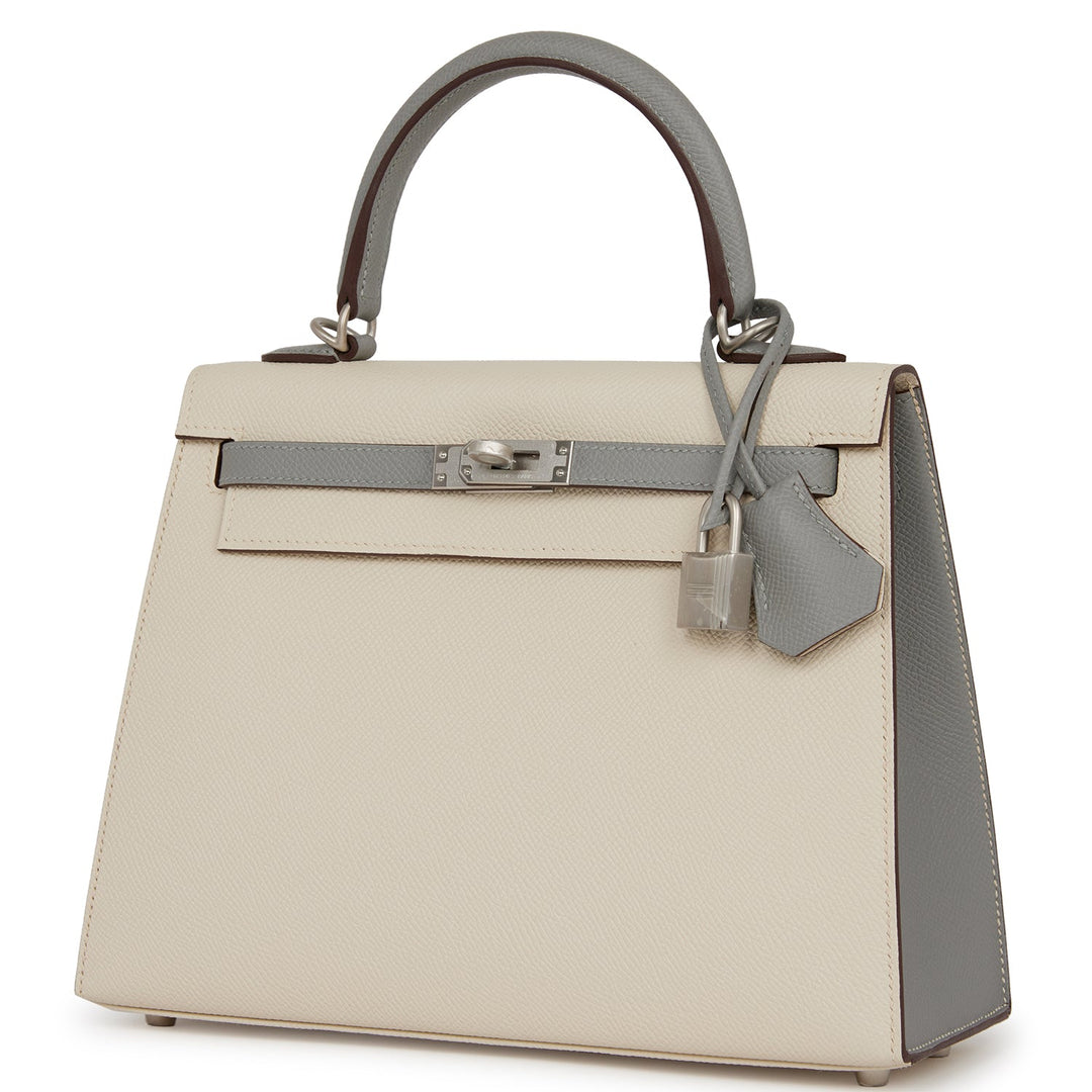 Top quality Hermes Special Order (HSS) Kelly Sellier 25 Craie and Gris Mouette Epsom Brushed Palladium Hardware