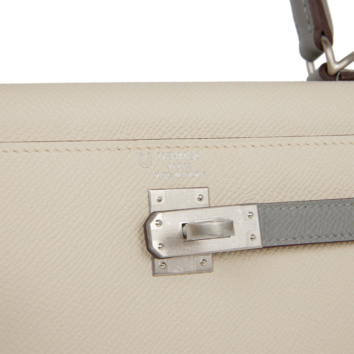 Top quality Hermes Special Order (HSS) Kelly Sellier 25 Craie and Gris Mouette Epsom Brushed Palladium Hardware