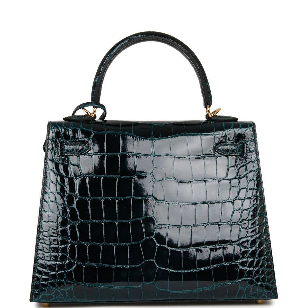 Hermes Kelly 25 Sellier Vert Rousseau Shiny Alligator Gold Hardware
