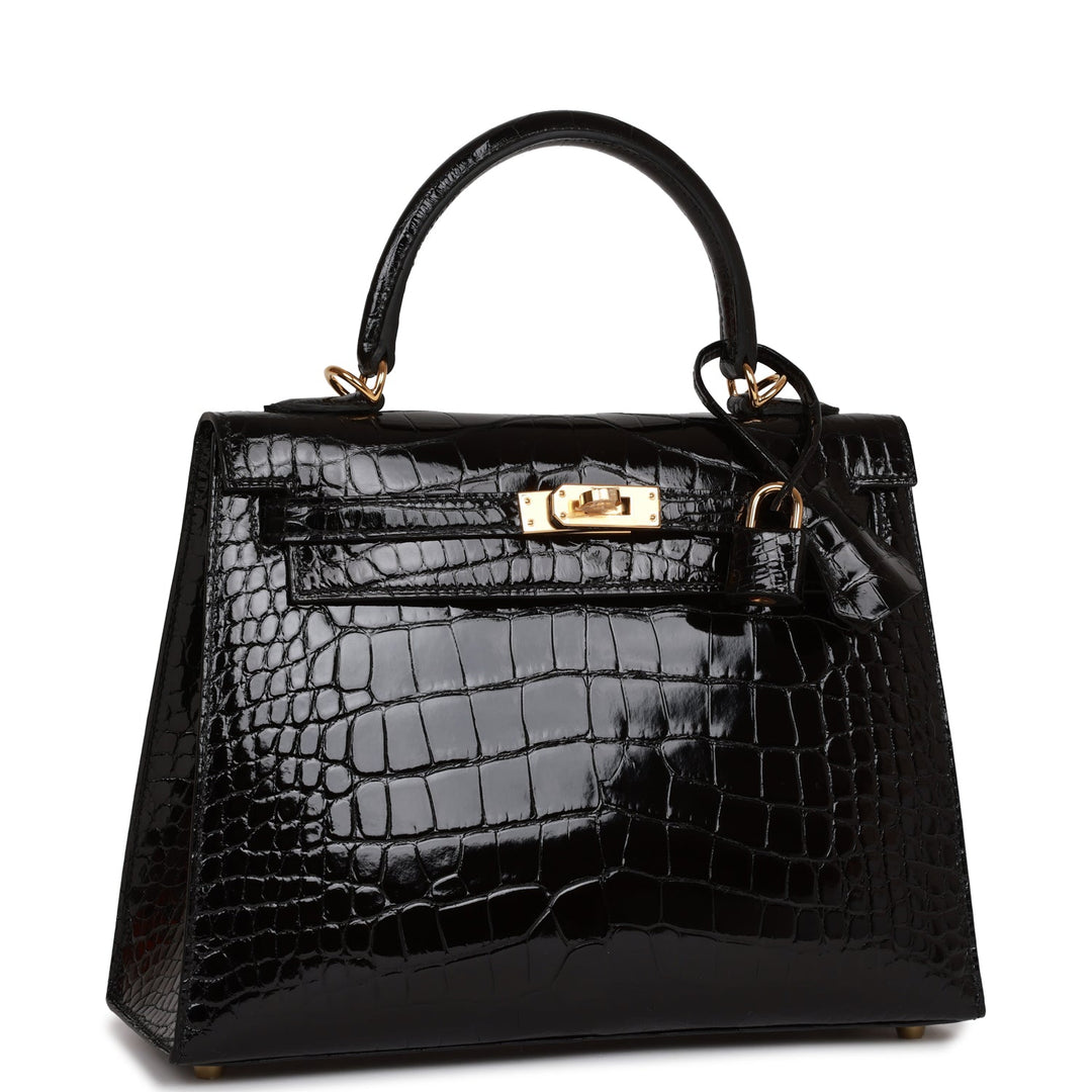 Hermes Kelly 25 Sellier Black Shiny Alligator Gold Hardware