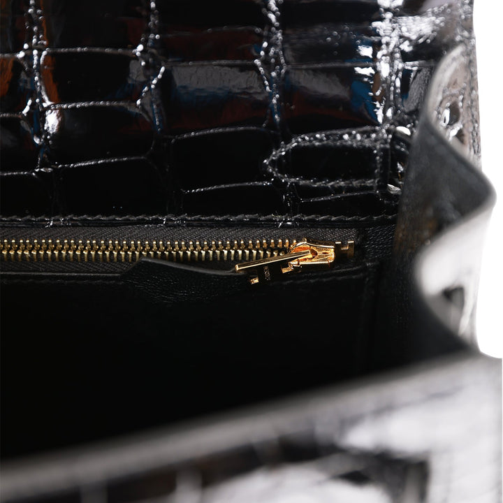 Hermes Kelly 25 Sellier Black Shiny Alligator Gold Hardware