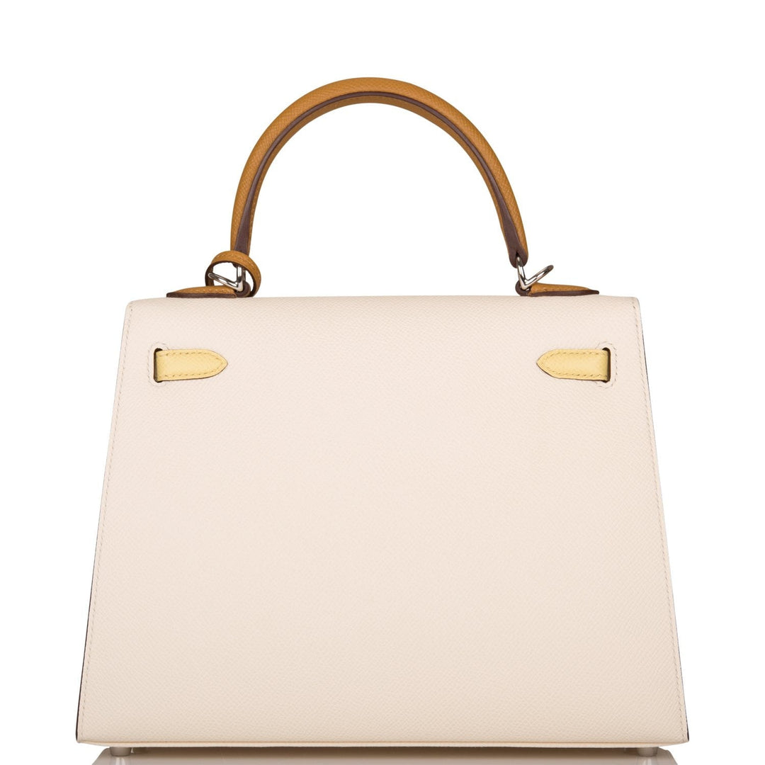 Hermes Kelly 25 Sellier Tri-Color Nata, Jaune Poussin and Sesame Epsom Palladium Hardware