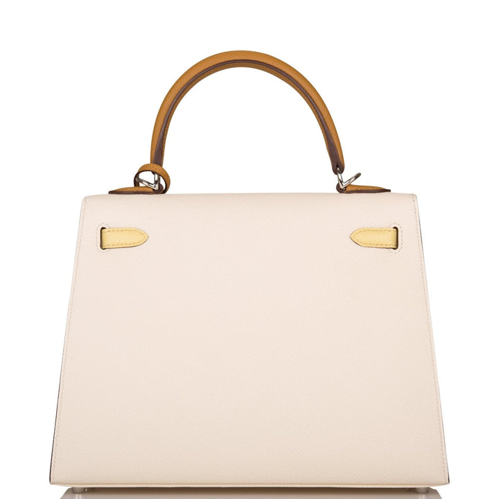 Hermes Kelly 25 Sellier Tri-Color Nata, Jaune Poussin and Sesame Epsom Palladium Hardware