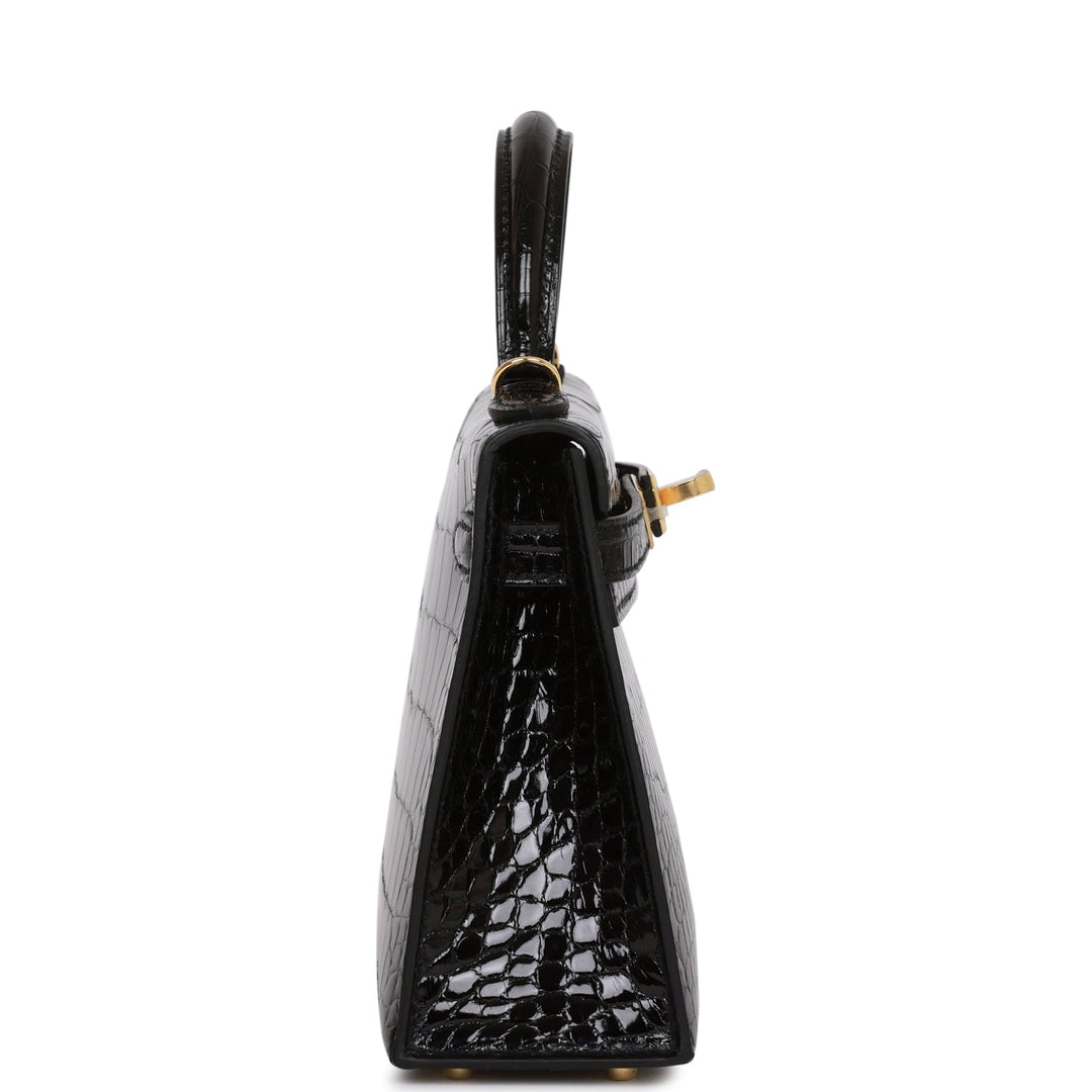 Hermes Kelly 20 Sellier Black Shiny Alligator Gold Hardware