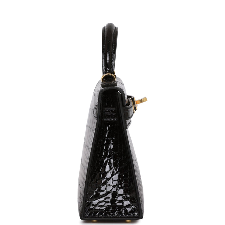 Hermes Kelly 20 Sellier Black Shiny Alligator Gold Hardware