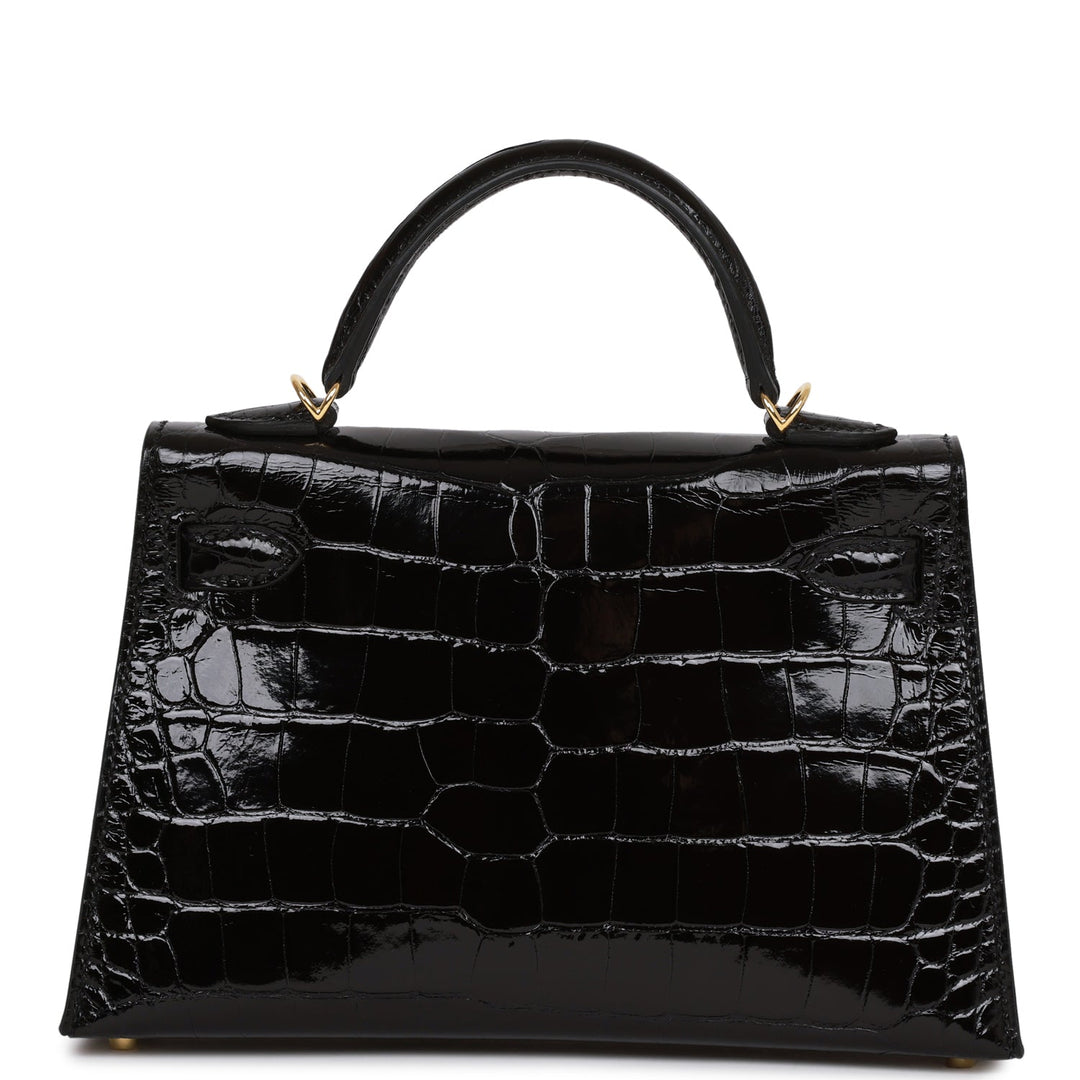 Hermes Kelly 20 Sellier Black Shiny Alligator Gold Hardware