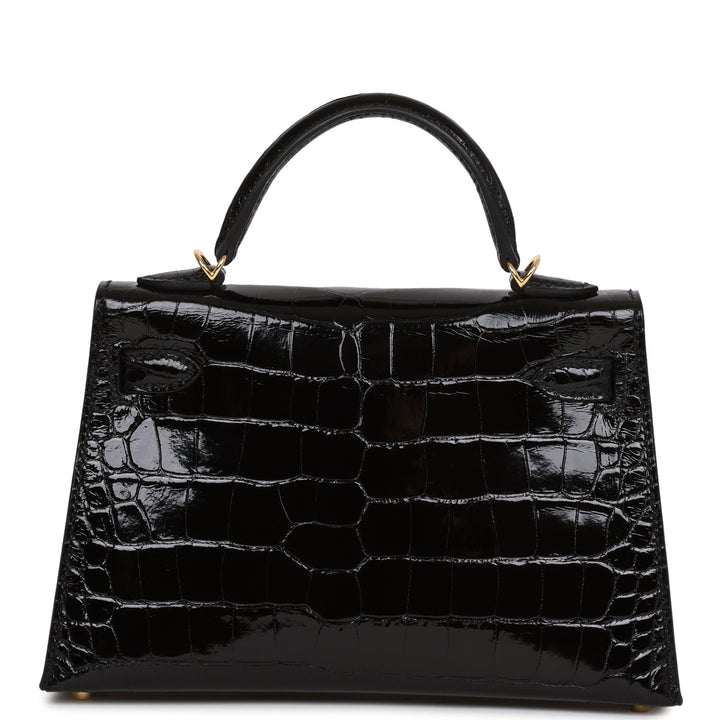 Hermes Kelly 20 Sellier Black Shiny Alligator Gold Hardware