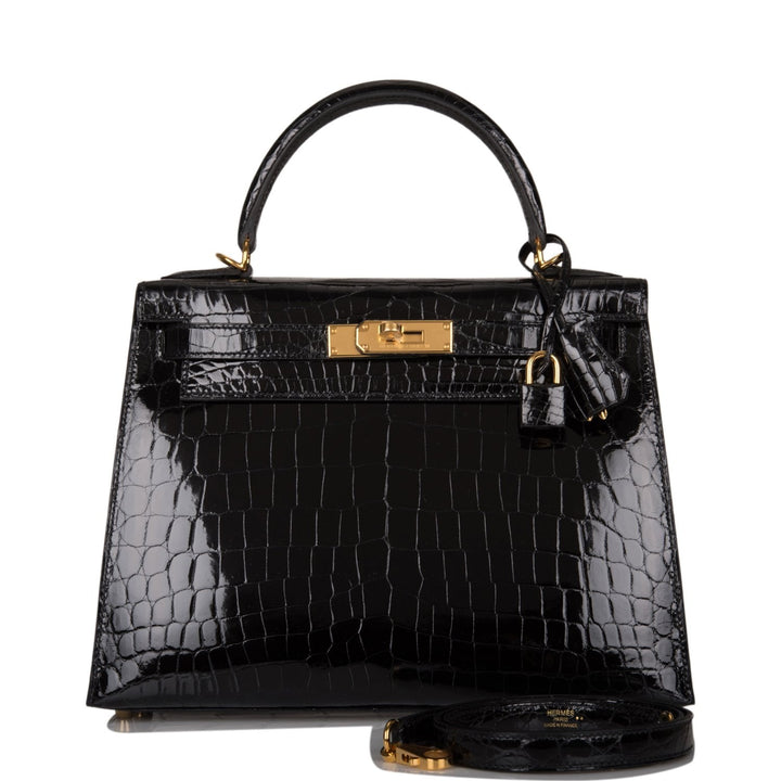 Hermes Kelly 28 Sellier Black Shiny Niloticus Crocodile Gold Hardware