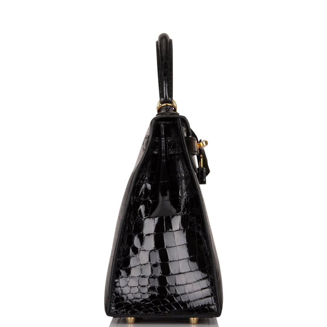Hermes Kelly 28 Sellier Black Shiny Niloticus Crocodile Gold Hardware