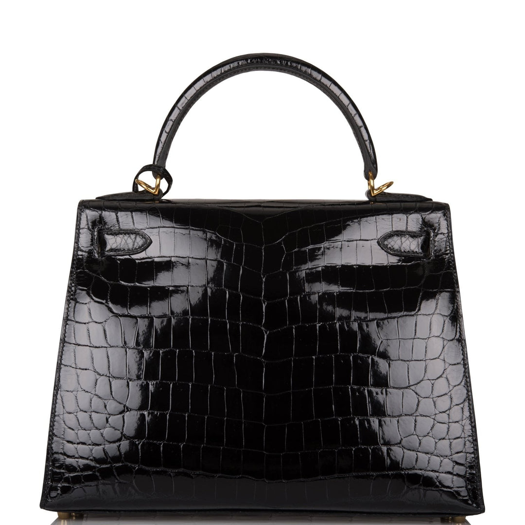 Hermes Kelly 28 Sellier Black Shiny Niloticus Crocodile Gold Hardware