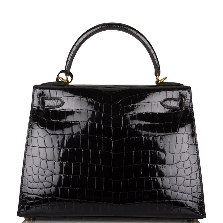 Hermes Kelly 28 Sellier Black Shiny Niloticus Crocodile Gold Hardware