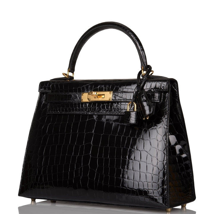 Hermes Kelly 28 Sellier Black Shiny Niloticus Crocodile Gold Hardware