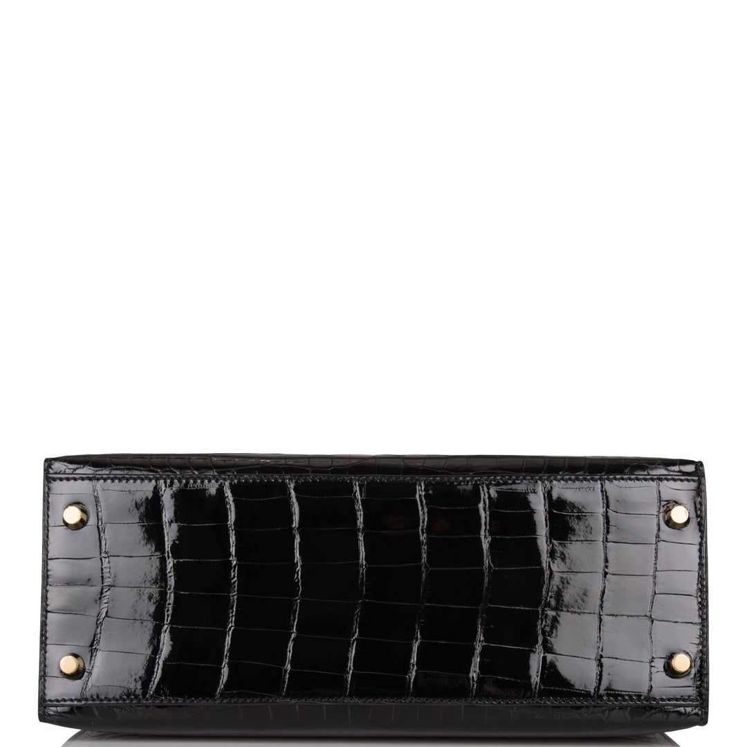 Hermes Kelly 28 Sellier Black Shiny Niloticus Crocodile Gold Hardware