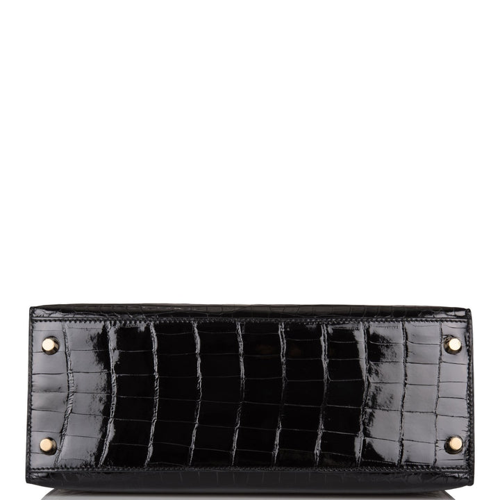Hermes Kelly 28 Sellier Black Shiny Niloticus Crocodile Gold Hardware