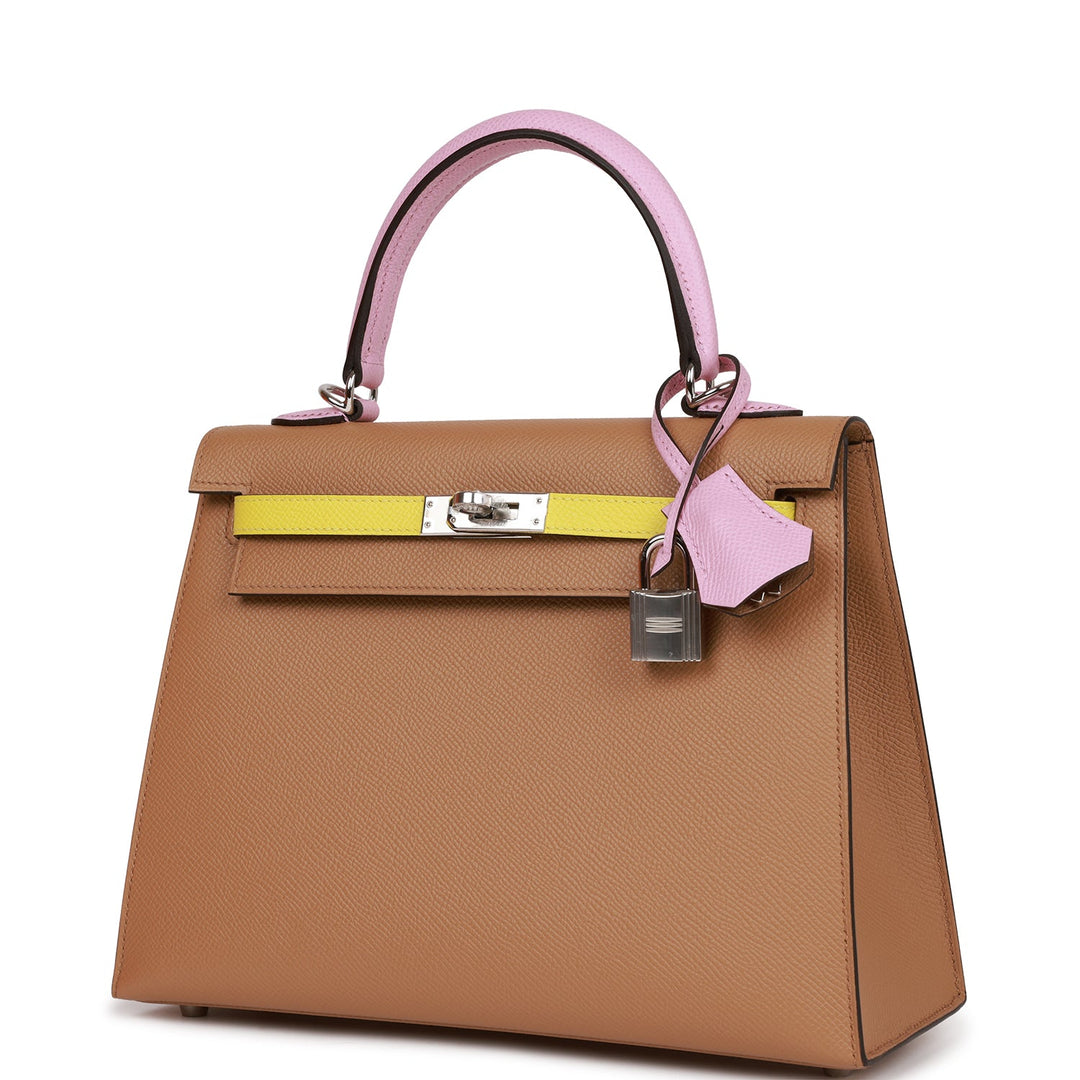 Hermes Kelly 25 Sellier Tri-Color Chai, Lime and Mauve Sylvestre Epsom Palladium Hardware